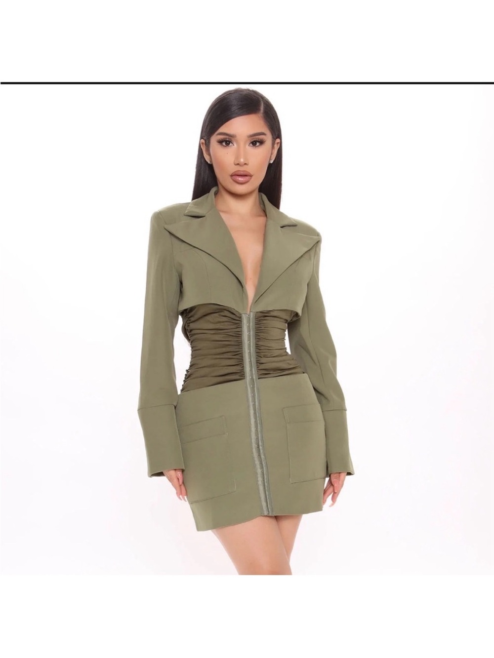 Olive Green Mini Blazer Dress with Ruched Waist